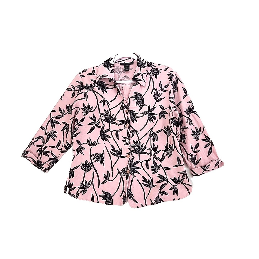 Silkland Womans Top 100% Silk Button Up Blouse Pink w Palm Trees Print